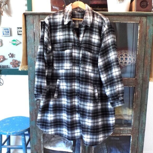 H & M PLAID Duster Jacket Trench Oversized Shacket XL w/6 POCKETS - Picture 2 of 7